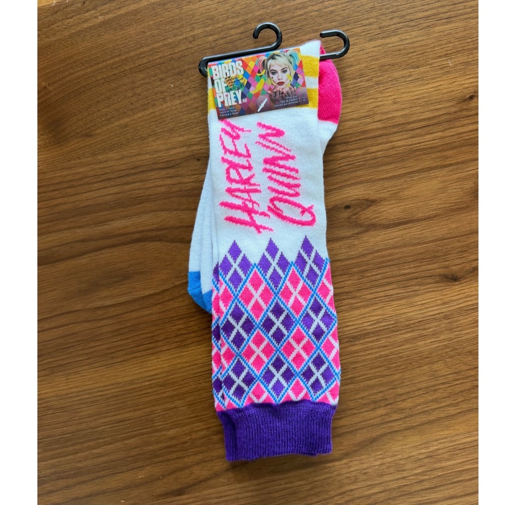 DC Comics Birds of Prey Harley Quinn Knee High Socks White Pink Argyle Size 4-10
